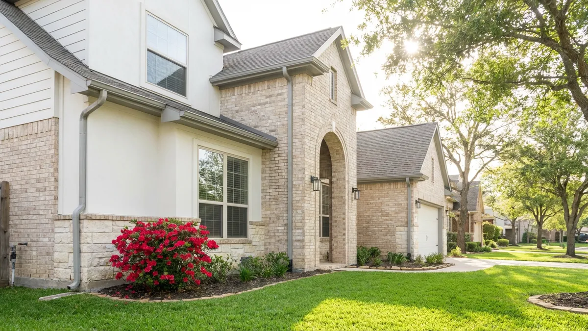 A meticulously maintained modern suburban home exterior in Cypress, Texas, on a clear spring day. Manicured lawn, vibrant green. Clean gutters and visible downspouts extending from a light-colored brick facade. A blooming red flower bush near the foundation. Cinematic lighting, bright, diffused sunlight, 16:9, highly detailed 8k.