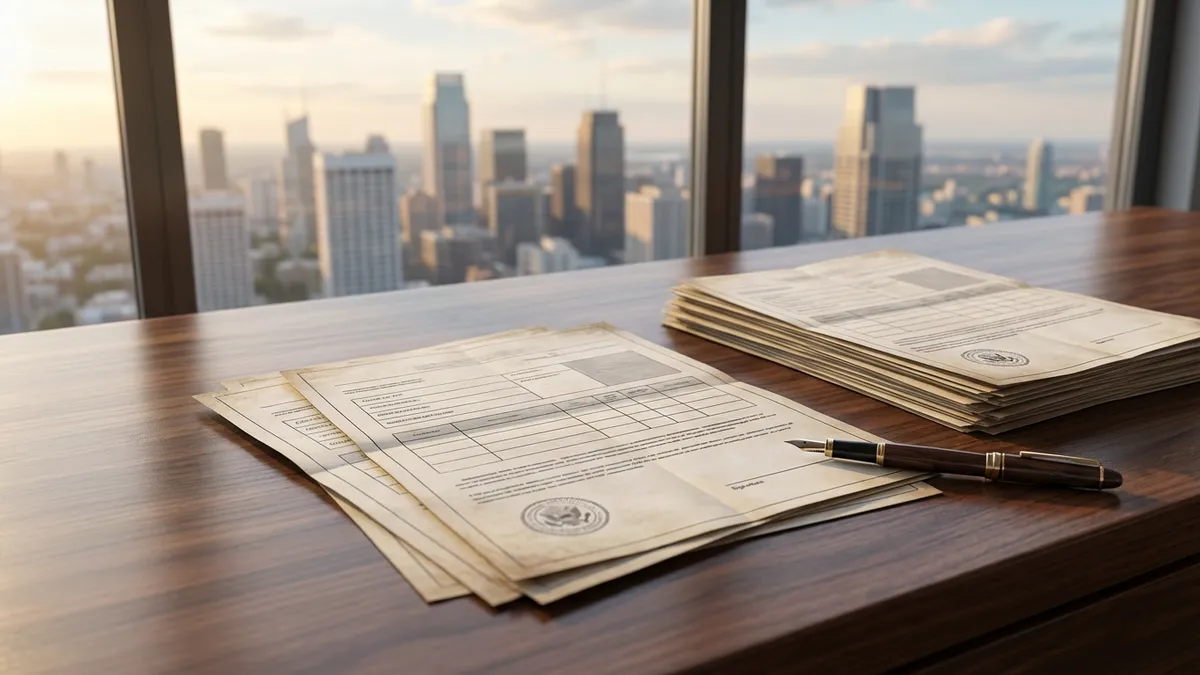 Close-up, highly detailed shot of a Dallas County property tax bill and a home sale contract on a polished wooden desk, with a pen poised to sign, natural window light illuminating the documents, blurred modern Dallas skyline in the background, 8K resolution, cinematic.