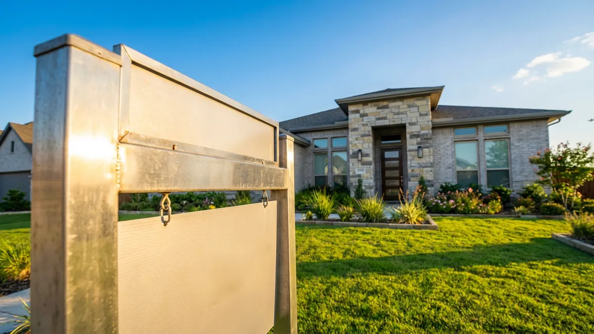 Close-up, highly detailed shot of a 'Sold' sign with a 'Trust Real Estate' rider slightly blurred in the foreground, reflecting the golden hour light of a North Texas spring. In the sharp background, a modern, well-maintained single-family home with a brick and stone facade and a manicured lawn is visible under a clear, bright blue sky with wispy clouds. Cinematic lighting, golden hour, 16:9, highly detailed, 8k.