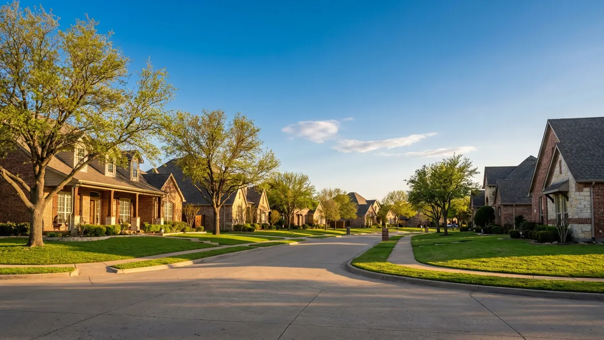 A wide, expansive view of a modern, well-maintained suburban street in Denison, Texas, during golden hour on a clear spring day. Manicured lawns, mature trees with light green foliage, and traditional brick and stone single-family homes with inviting front porches are visible. The sun casts long, soft shadows, highlighting architectural details. A blue Texas sky with wispy clouds. Cinematic lighting, 16:9, highly detailed 8k.