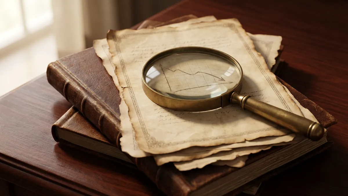Close-up, highly detailed view of a stack of old, worn real estate market reports on a polished mahogany desk. A magnifying glass rests on the top report, highlighting a graph showing a subtle downward trend. Cinematic lighting, soft shadows, 16:9 aspect ratio, 8k resolution, photorealistic.
