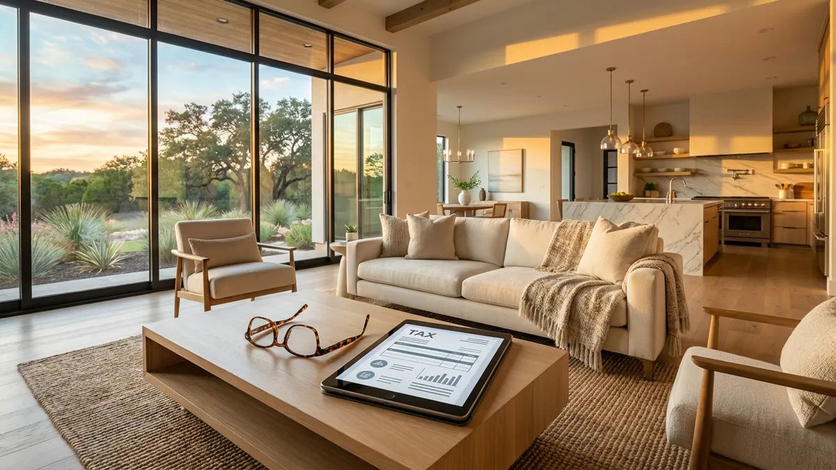A highly detailed, 8k professional photograph. A modern, inviting living room scene with bright, natural light streaming through large windows. A tablet displaying a clear tax document is open on a sleek, light-wood coffee table. In the foreground, a pair of reading glasses rests beside the tablet. The background softly blurs into an open-concept kitchen area, suggesting a spacious home. Cinematic lighting, golden hour glow, soft focus on the background. 16:9 aspect ratio.