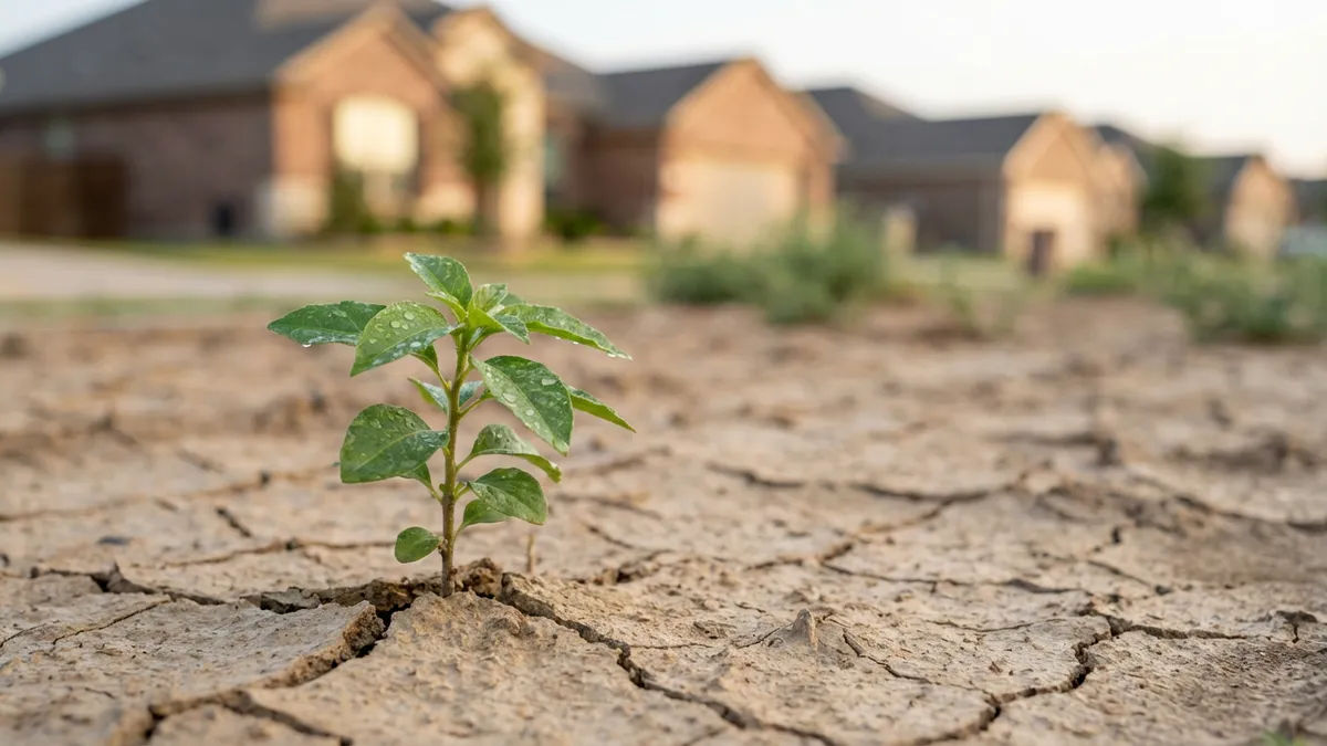 Close-up, highly detailed shot of a single green sapling plant pushing through cracked, dry, light brown soil, with soft, diffused morning light catching a few dew drops on the leaves. The background is a very shallow depth of field blur of a modern suburban Texas neighborhood. Cinematic lighting, soft focus, serene atmosphere, 16:9, highly detailed 8k.