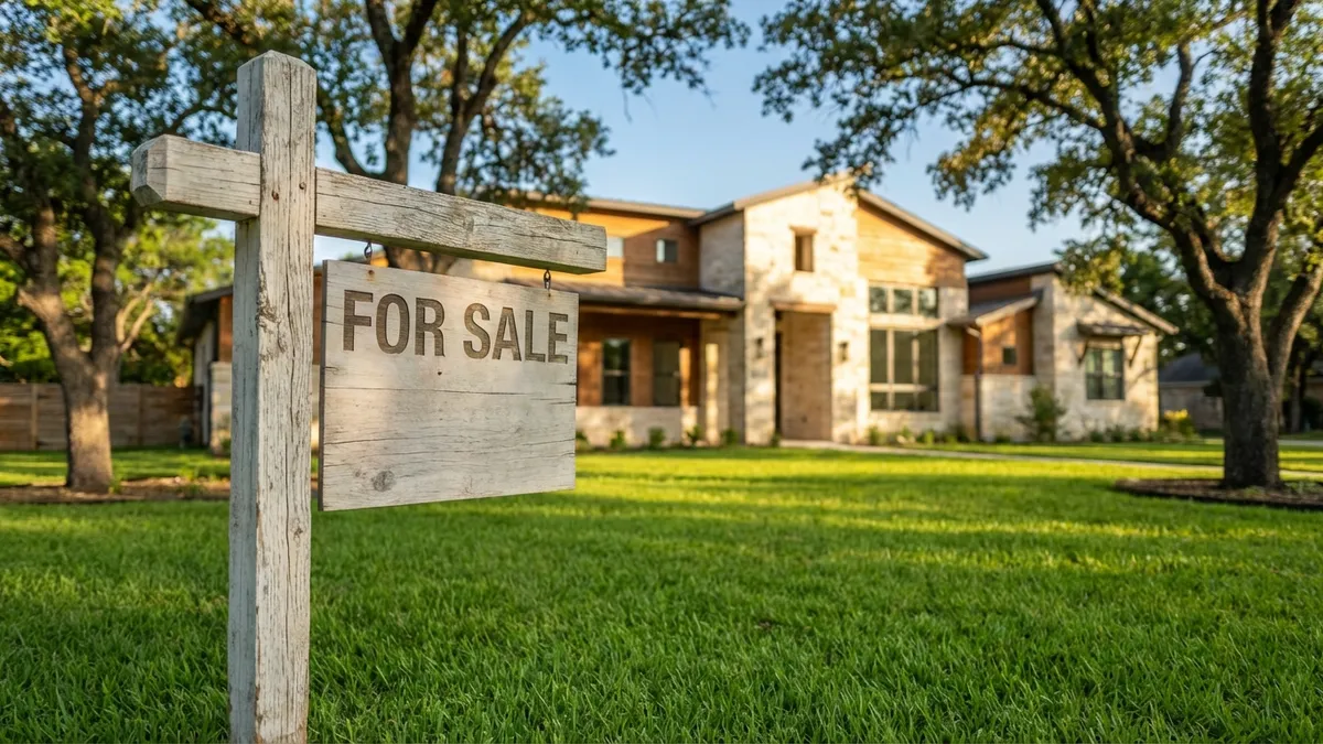 Close-up of a detailed, pristine, light-colored wooden 'FOR SALE' sign in front of a modern, well-maintained single-family home. The house has a manicured lawn, neatly trimmed hedges, and a clear blue sky above. Sunlight casts soft shadows. Focus on the sign itself with the house slightly blurred in the background. Cinematic lighting, golden hour, 16:9, highly detailed 8k.