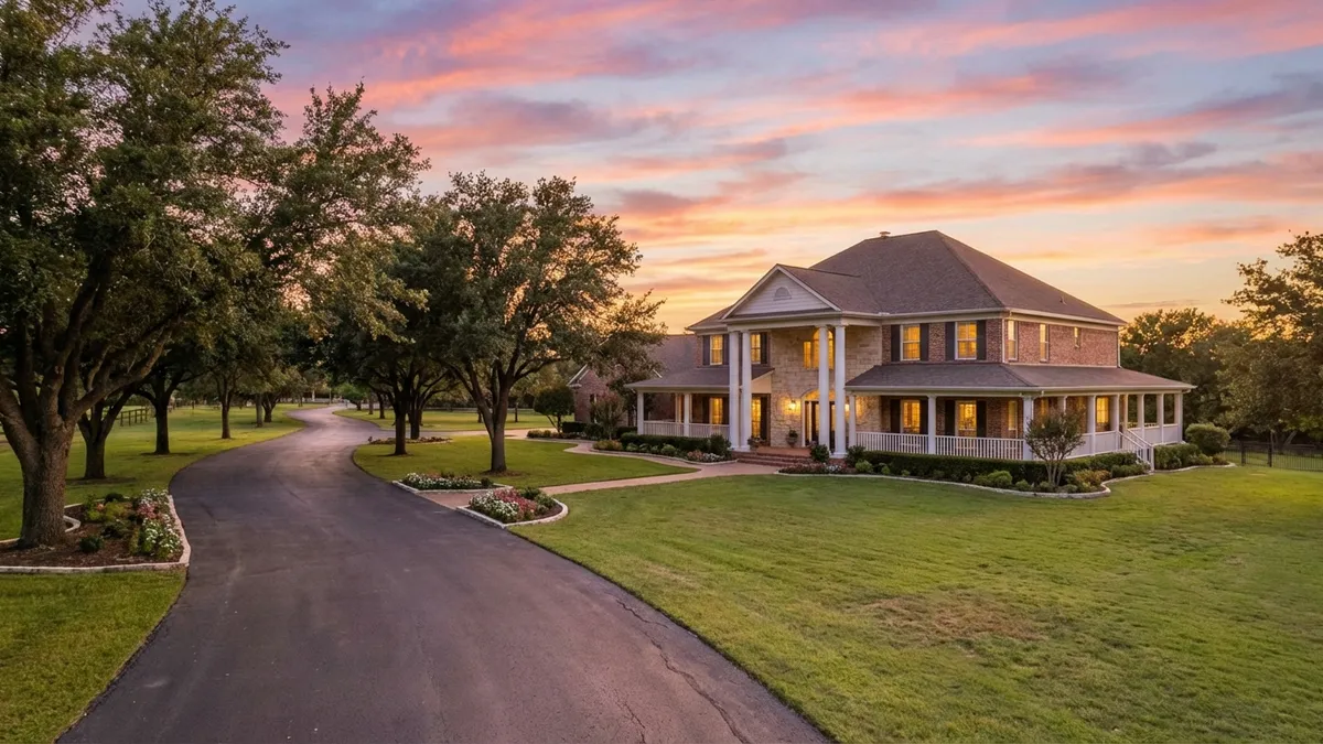 A pristine, manicured estate entrance in Double Oak, Texas, with a long, tree-lined driveway leading to a sprawling, elegant luxury home. The sun is setting, casting a warm golden glow on the meticulously landscaped grounds. The sky is a soft blend of pink and orange. The architectural style of the house is classic Southern, with large columns and wide verandas. The foliage is lush and green, with mature oak trees framing the view. Cinematic lighting, golden hour, 16:9, highly detailed 8k.