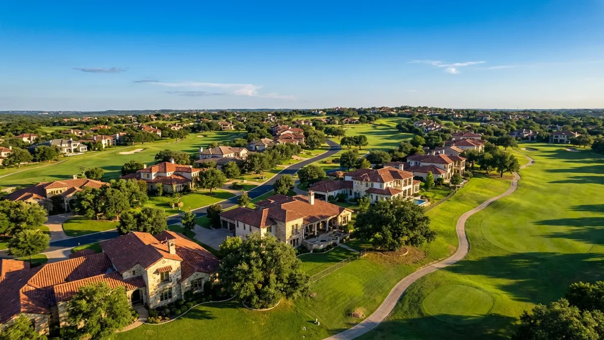 A panoramic aerial shot of an upscale residential community with lush green golf course fairways, scattered luxury homes with red tile roofs, and mature oak trees under a clear blue Texas sky. Golden hour lighting, 16:9, highly detailed 8k.