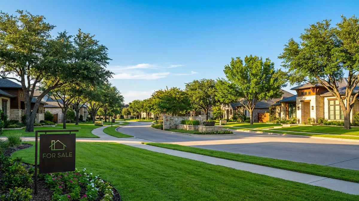 Vibrant and modern suburban street in Farmers Branch, TX. Clear blue sky with a few wispy clouds. Mature trees line the street with well-maintained, contemporary-style homes visible. Lush green lawns. A "For Sale" sign with a subtle, elegant design in the foreground. Cinematic lighting, bright, high dynamic range, 16:9, highly detailed 8k.