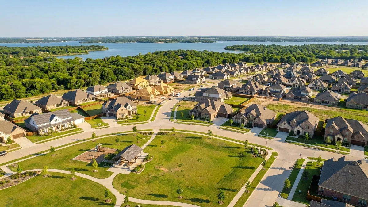 Overhead drone shot of a modern master-planned community in Farmersville, Texas, with new houses in various stages of completion, neatly landscaped streets, and a community park visible in the foreground. Lavon Lake is in the distant background, with green trees. Sunny afternoon, clear sky, 50mm lens, highly detailed 8k.
