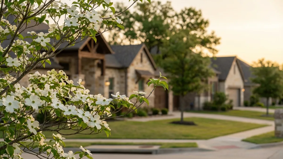 Close-up, highly detailed shot of a spring-blooming dogwood tree with white flowers in the foreground, out-of-focus modern suburban homes in the background under a soft morning light. Cinematic wide shot, golden hour, 16:9, highly detailed 8k.