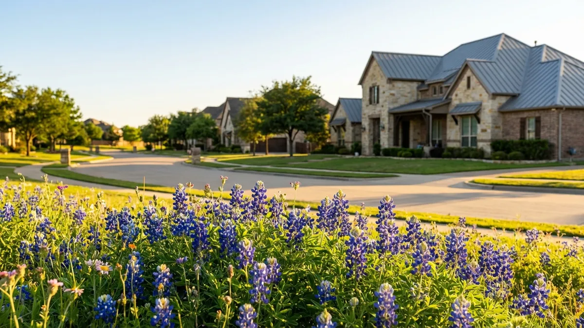 Close-up of blooming Texas bluebonnets in the foreground, with a modern, upscale Flower Mound residential street and a sunny sky in the softly blurred background. Cinematic lighting, golden hour, 16:9, highly detailed, 8k.