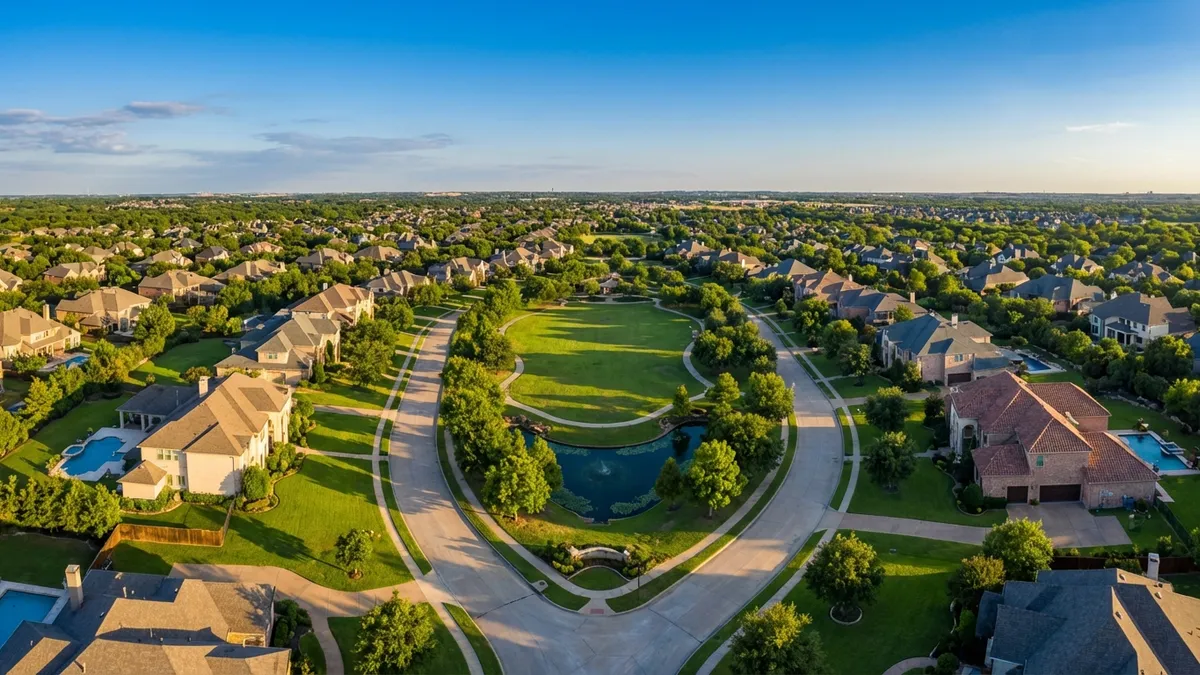 Overhead drone shot, suburban neighborhood, high-end homes, green lawns, winding streets, mature trees, community park, clear blue sky, late afternoon sun, golden hour, 16:9, highly detailed 8k