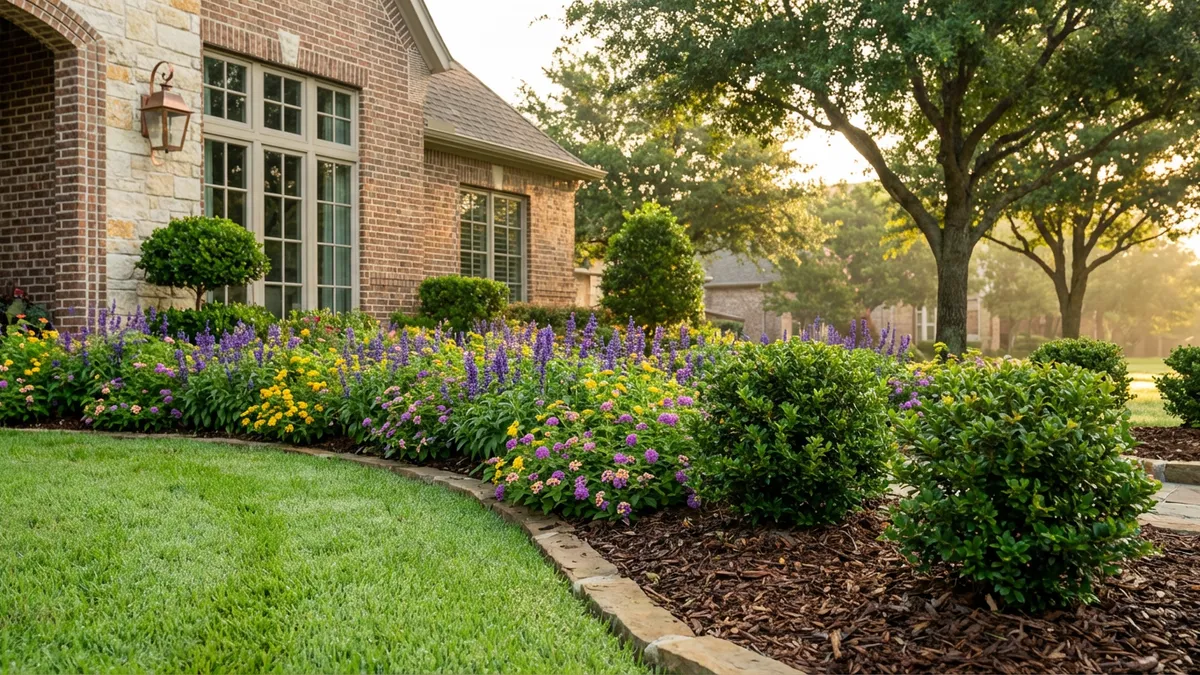 Close-up of a meticulously landscaped, vibrant front yard in a high-end Flower Mound, TX residential neighborhood. Lush, spring-green grass, blooming flowers in shades of yellow and purple, and well-maintained shrubs. A corner of a stately brick home with elegant windows is visible. Soft morning light, focus on rich textures and sharp details. Cinematic lighting, golden hour, 16:9, highly detailed 8k.