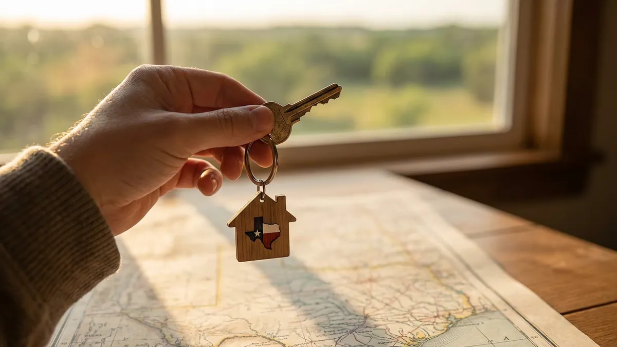 Close-up of a key on a house-shaped keychain, held by a hand over a subtly blurred map of Forney, Texas, with a soft, warm spring light filtering through, cinematic lighting, golden hour, 16:9, highly detailed 8k.