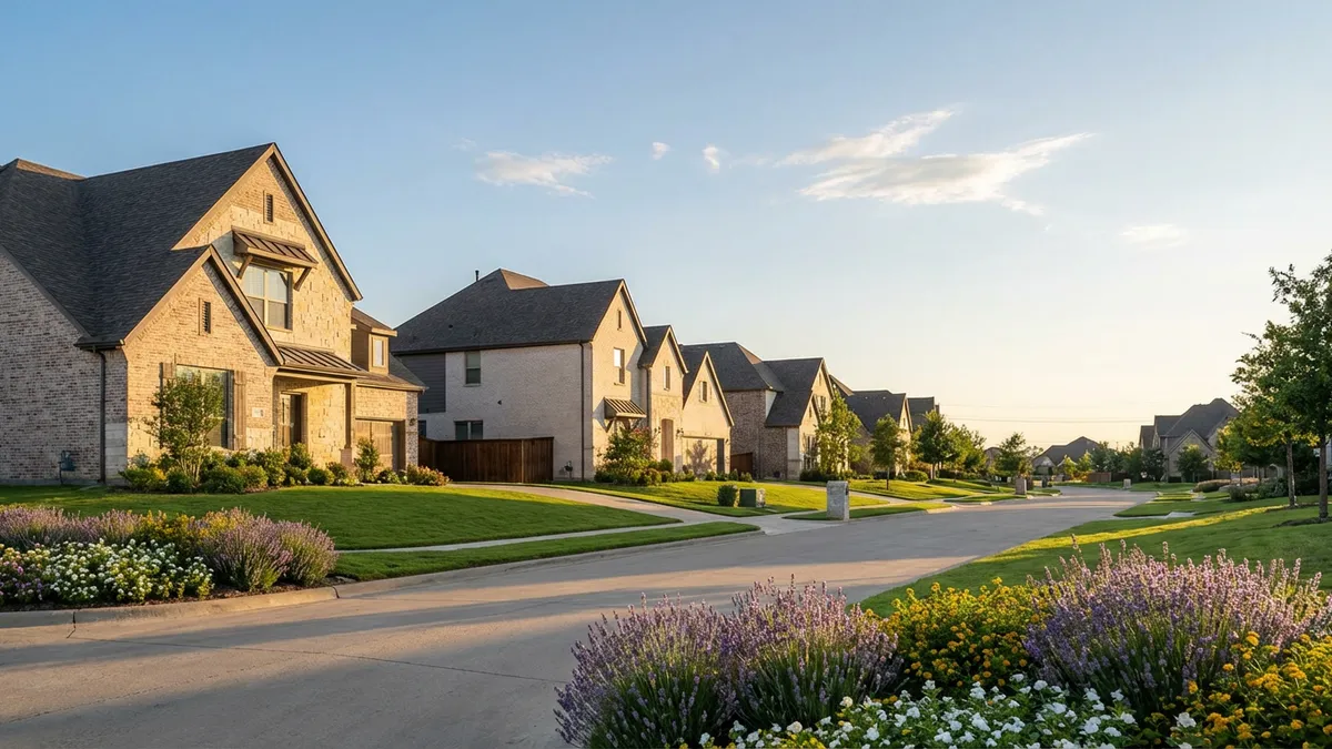 Close-up, eye-level, cinematic shot of a well-maintained, modern suburban street in Frisco, Texas, during golden hour. Lush, green manicured lawns, blooming spring flowers (lavender, white, yellow). A mix of light brick and stone two-story homes with dark pitched roofs, visible from a slight angle. Soft, warm sunlight illuminating the facades and casting long shadows. Clear blue sky with a few wispy clouds. The scene is calm and inviting, showcasing community and quality construction. Highly detailed 8k, bokeh.