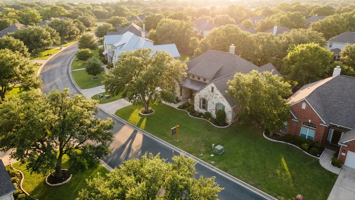 High-angle drone shot over a quiet, established residential street in Georgetown, TX, at golden hour. Lush, mature oak trees line the street. The houses, a mix of modern farmhouses and traditional brick, have well-maintained front yards. A 'For Sale' sign stands prominently in one yard. Cinematic lighting, soft shadows, 16:9 aspect ratio, highly detailed 8k.