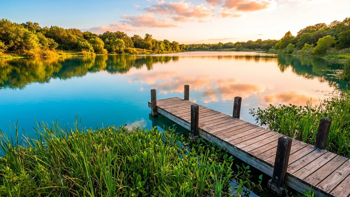 Close-up, highly detailed shot of clear, calm blue lake water reflecting a bright, sunny sky. A small, wooden dock pier extends slightly into the water from the foreground of lush, green reeds. Cinematic lighting, golden hour, 16:9, highly detailed 8k.