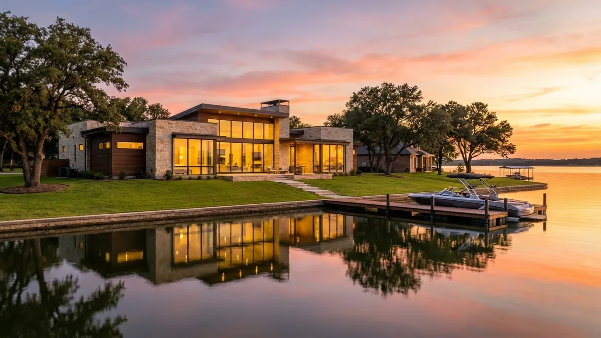 Cinematic lighting, golden hour. Wide shot of a pristine, modern lakefront home on Lake Granbury, Texas. Large windows reflecting the calm lake and a vibrant sunset sky. A private wooden dock extends into the water. Lush green lawn with mature trees, a small recreational boat tied to the dock. Water is still, reflecting the warm colors of the sky. 16:9 aspect ratio, highly detailed 8k.