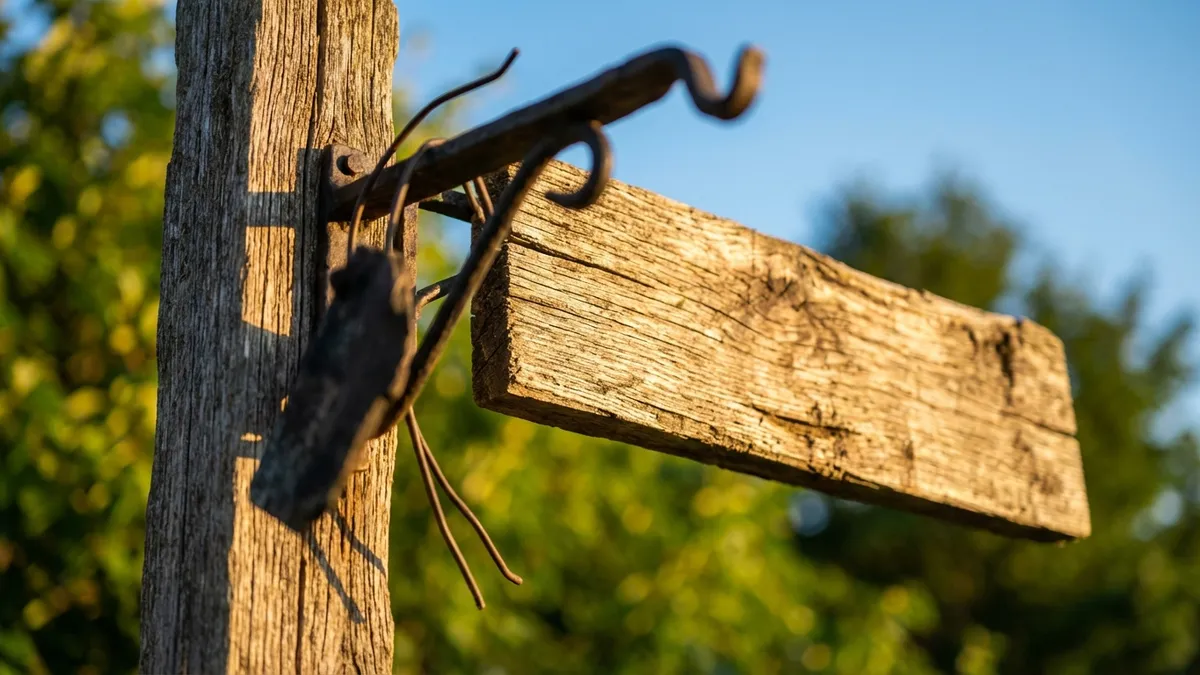 A tightly focused, cinematic close-up of a rustic, weathered wooden signpost with indistinct, blurred green foliage and a clear blue sky in the background, specifically showing the words 'Granbury' and 'Hudson Oaks' carved into the wood, illuminated by warm, diffused sunlight at golden hour. 16:9 aspect ratio, highly detailed 8k.