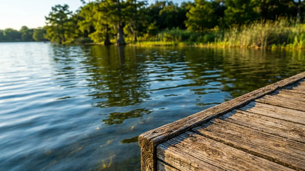 Close-up, highly detailed shot of clear, tranquil lake water with small ripples reflecting a bright blue sky, the edge of a rustic wooden dock visible in the foreground. Sunlight glinting off the water. Lush green shoreline blurred in the background. Cinematic lighting, golden hour, 16:9, highly detailed 8k, bokeh.