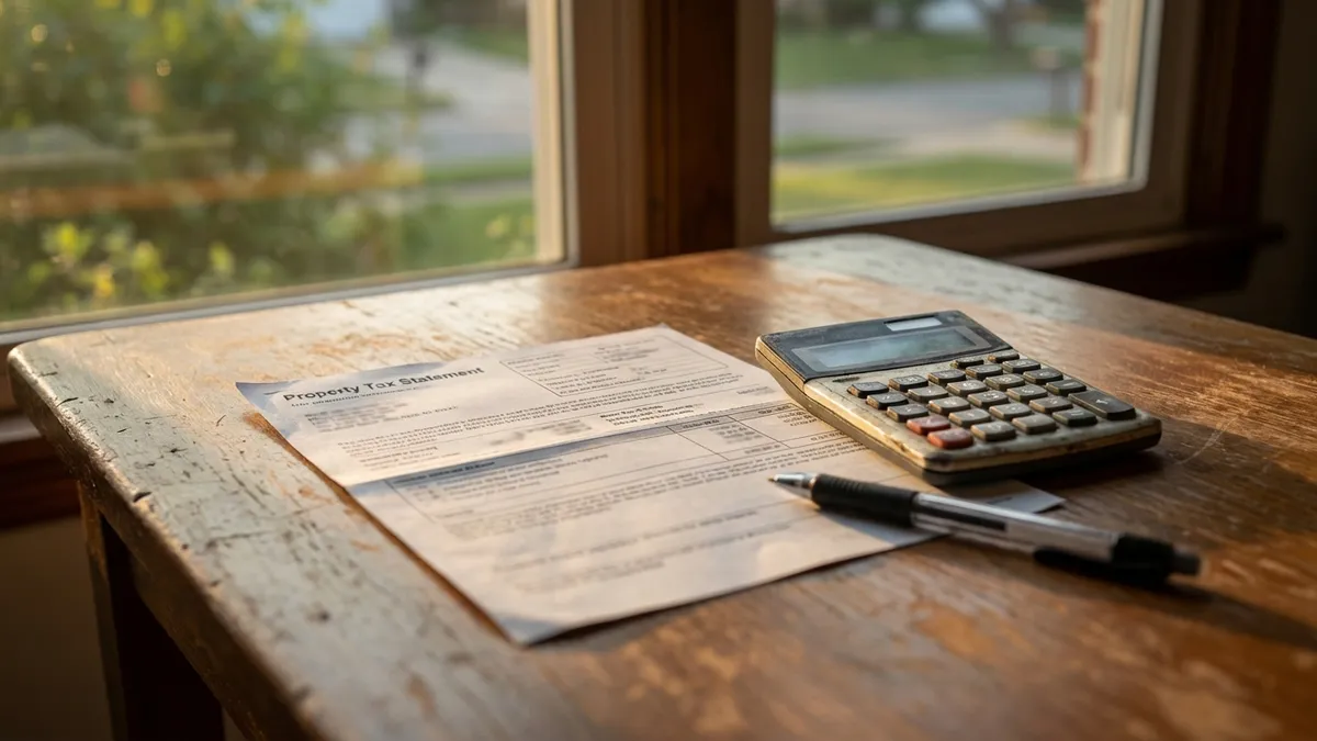 Close-up, highly detailed shot of a property tax statement form, an official document with fine print and numbers visible. A calculator and a pen are next to it. Early morning light streams in from a window, creating soft shadows across the wooden desk surface. The focus is sharp on the documents, with a blurred background. Cinematic lighting, golden hour, 16:9, highly detailed 8k.