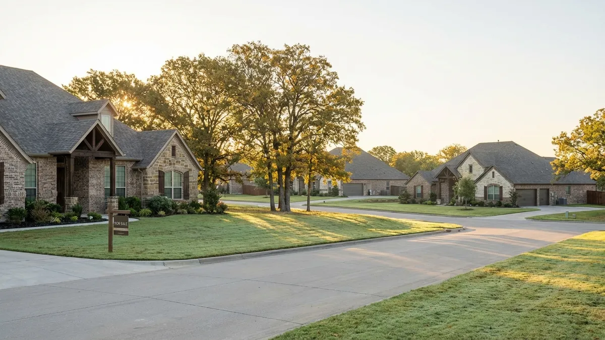 A highly detailed, photorealistic visual of a serene Haslet, Texas, suburban neighborhood. Early morning golden hour light. Gently rolling green lawns, mature trees, and modern single-family homes with brick and stone exteriors. Empty, clean streets. A 'for sale' sign is subtly visible in the foreground. Cinematic lighting, 16:9, highly detailed 8k.