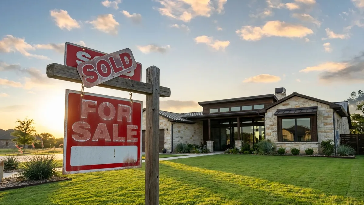 Close up shot of a 'For Sale' sign with 'SOLD' rider, prominently featuring a beautiful, modern suburban house in the background. The house has clean lines, a manicured lawn, and large windows. The sign is slightly weathered, indicating recent activity. Lush green Texas landscape, clear blue sky with soft, scattered clouds. Cinematic lighting, golden hour, 16:9 aspect ratio, highly detailed 8k.