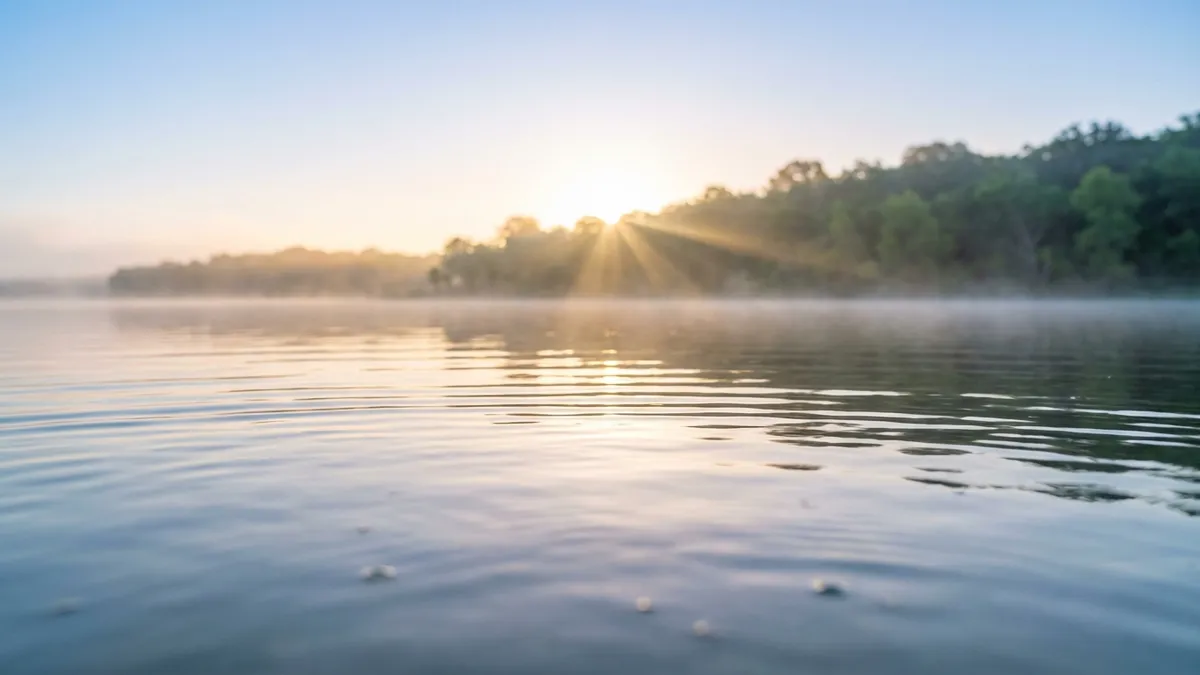 Close-up of a shimmering lake surface at dawn, with a subtle mist rising, showing the reflection of a clear blue sky and distant green trees along the shore. Soft, diffused lighting, 8k, cinematic, shallow depth of field, 16:9 aspect ratio.