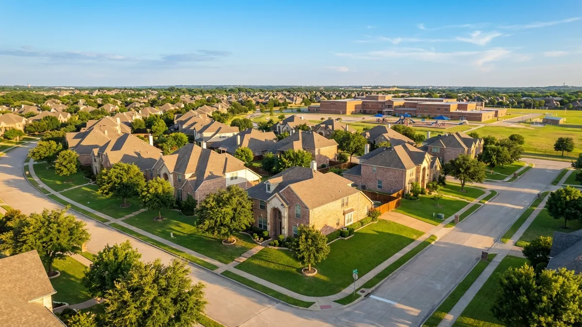 Overhead drone shot. Sun-drenched, manicured suburban neighborhood. Large, traditional brick homes with green lawns and mature trees. A visible school building with playgrounds in the distance. Clear blue sky with soft, wispy clouds. Cinematic lighting, golden hour, 16:9, highly detailed 8k.