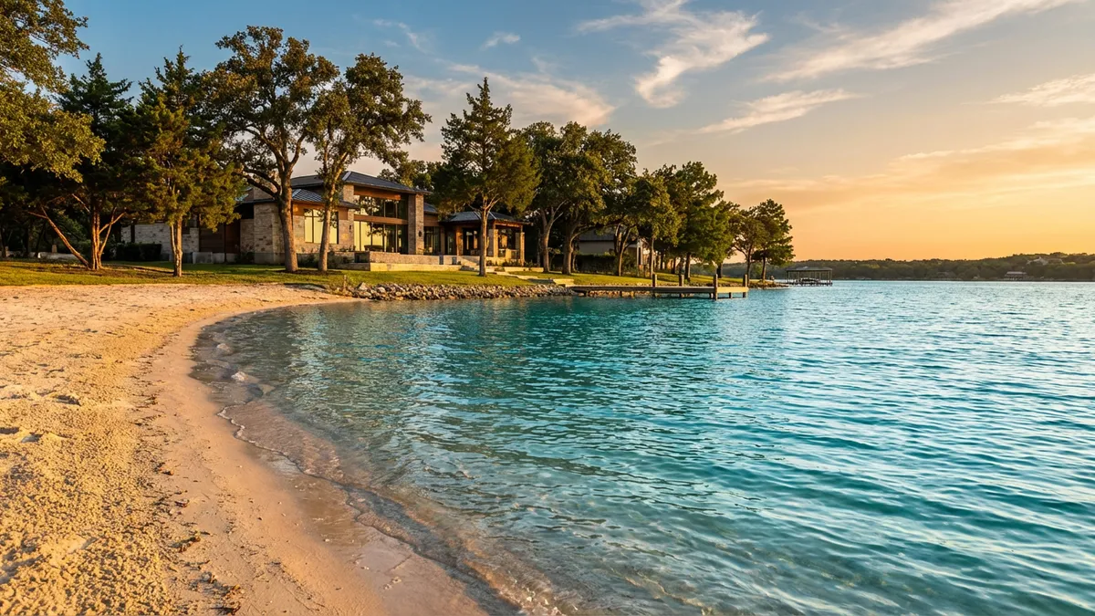 Close-up of clear blue water lapping at the edge of a sandy lake shoreline, with lush green trees and a distant, modern lakeside home visible under a bright, sunny sky. Cinematic lighting, golden hour, 16:9, highly detailed 8k.
