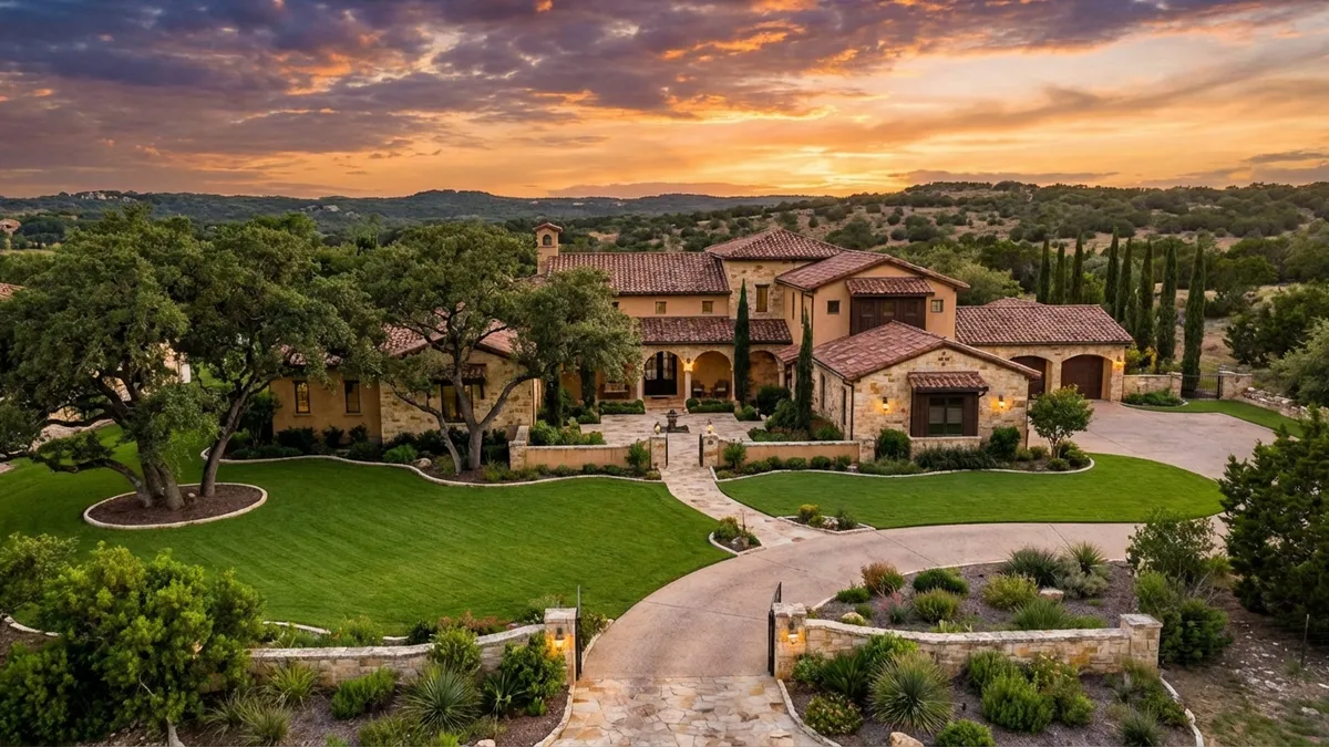 Luxurious sprawling estate with classical Mediterranean architecture, terracotta roof tiles, expansive manicured lawns, and mature oak trees, set against the backdrop of rolling Texas Hill Country at sunset. Cinematic lighting, golden hour, 16:9, highly detailed 8k.