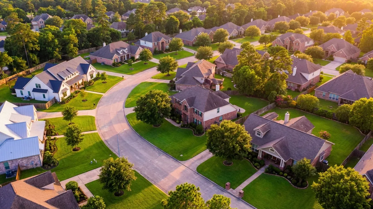 High-angle urban drone shot, suburban houses in Humble, TX, during golden hour. Lush green lawns, diverse architectural styles, a visible street winding through. Cinematic lighting, soft shadows, 16:9 aspect ratio, highly detailed 8k.