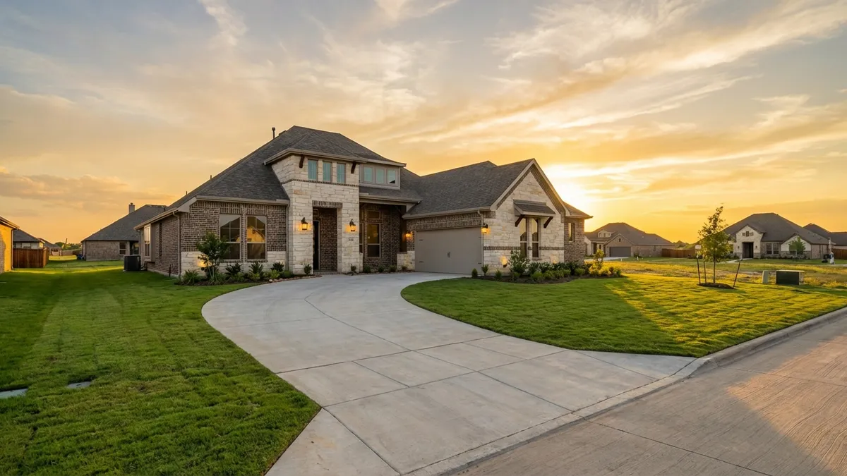 A wide-angle landscape shot of a modern, single-family home in a new suburban development in Josephine, TX. The house is a contemporary design with a brick and stone facade, a well-maintained green lawn, and a two-car garage. A paved driveway leads to the street. In the background, there are other similar new homes and a clear, blue Texas sky with a few wispy clouds. The sun is setting, casting warm, golden light across the scene. Cinematic lighting, golden hour, 16:9, highly detailed 8k.