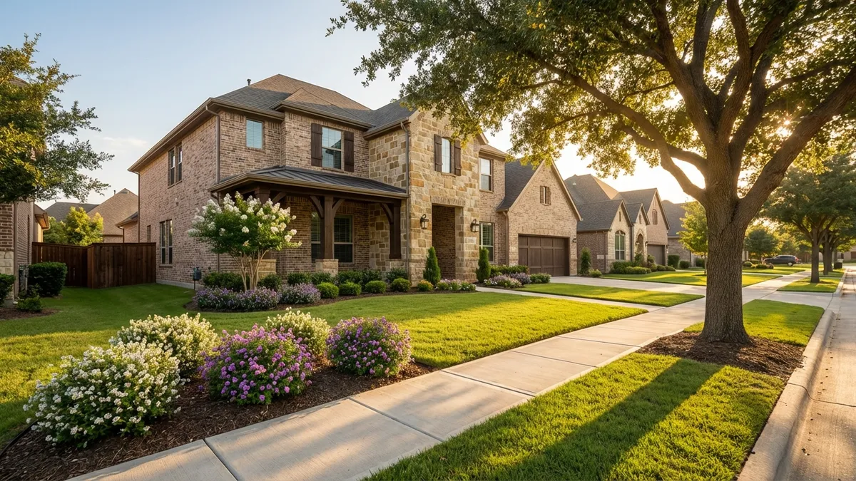 Close-up, eye-level view of a vibrant, meticulously manicured residential street in Josephine, TX, bathed in the soft glow of a late afternoon sun. The focus is on a modern, two-story family home with a stone and brick facade, a neatly trimmed lawn, and blooming ornamental shrubs. A glimpse of a new, well-paved sidewalk and a mature oak tree on the street. Cinematic lighting, golden hour, 16:9, highly detailed 8k.