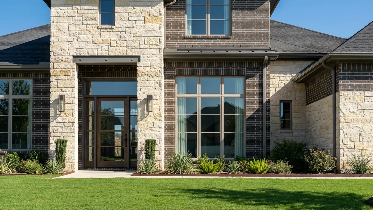 Close-up, modern two-story residential house facade in Joshua, TX. Architectural details, brick and stone blending harmoniously. Bright midday sunlight, crisp shadows, clear blue sky. Well-maintained green lawn. Focus on the front door and windows. Cinematic lighting, 16:9, highly detailed 8k.
