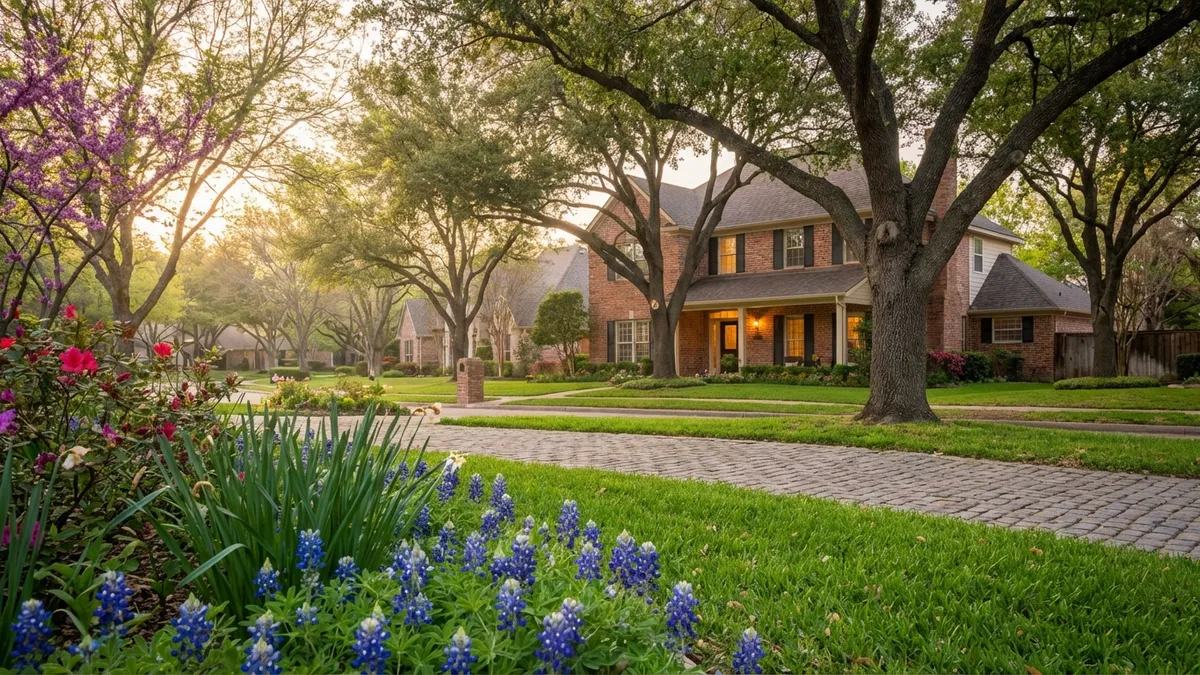 Close-up, eye-level shot of a beautifully maintained, tree-lined street in a suburban Keller neighborhood during golden hour. Foreground shows lush green grass with blooming spring flowers. In the mid-ground, a classic two-story brick home, well-landscaped, with a warm porch light. Soft, diffused evening light, 16:9 aspect ratio, highly detailed 8k.