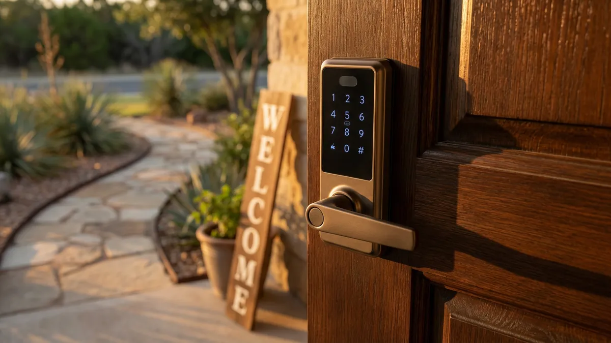 Close-up, highly detailed focus on a modern smart lock installed on a wooden front door. In the background, slightly out of focus, a tastefully landscaped front yard with a 'Welcome' sign, suggesting hospitality. Cinematic lighting from late afternoon sun. 16:9 aspect ratio, highly detailed 8k.