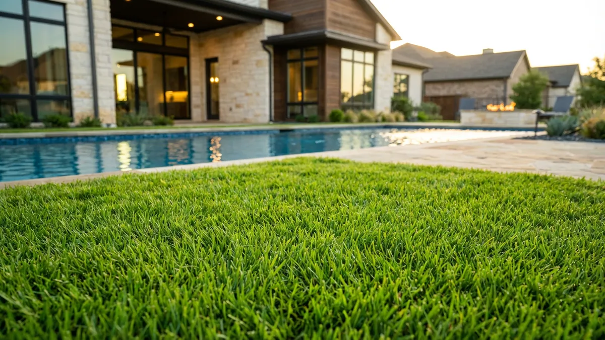 Close-up of vibrant green lawn in a modern suburban backyard, with a sparkling blue swimming pool reflecting direct sunlight in the mid-ground. Beyond the pool, a blurred, contemporary single-family home facade with warm lights is visible. Focus on the texture of freshly cut grass, clear water, and soft evening glow. Cinematic lighting, golden hour, 16:9, highly detailed, 8k.