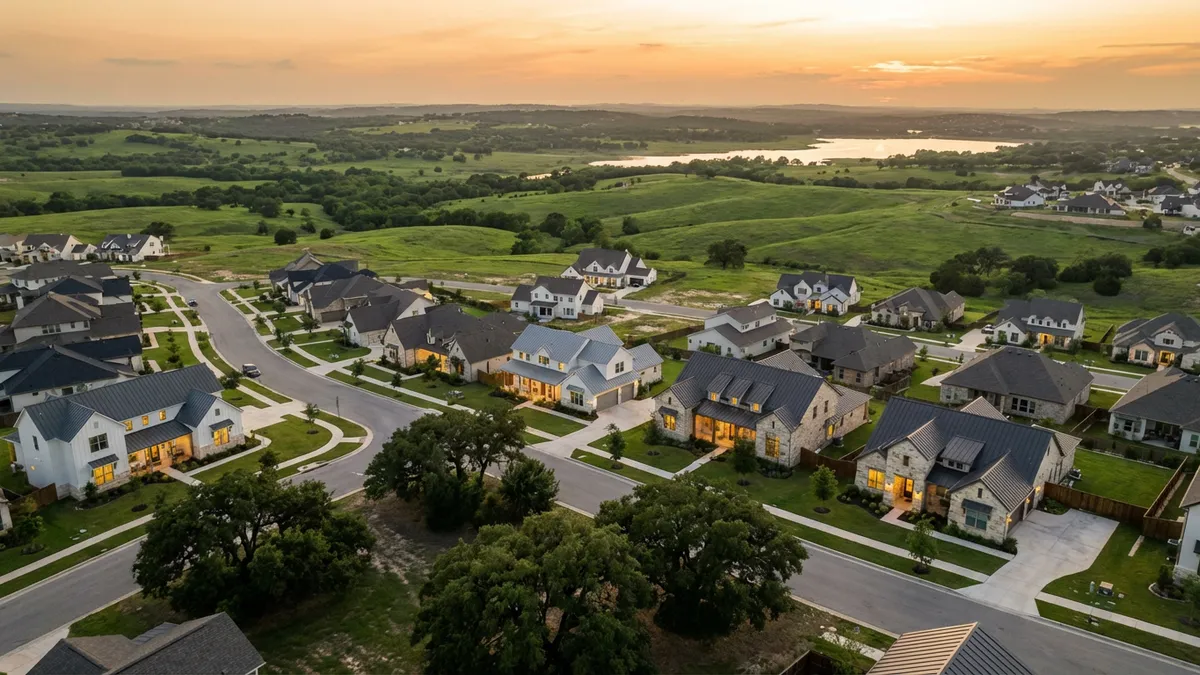 A panoramic aerial view of a vibrant, growing suburban landscape in Leander, Texas. New single-family homes with modern architectural styles nestled among mature oak trees. Rolling green hills in the background with a hint of a sparkling lake. Cinematic lighting, golden hour, 16:9, highly detailed, 8k.