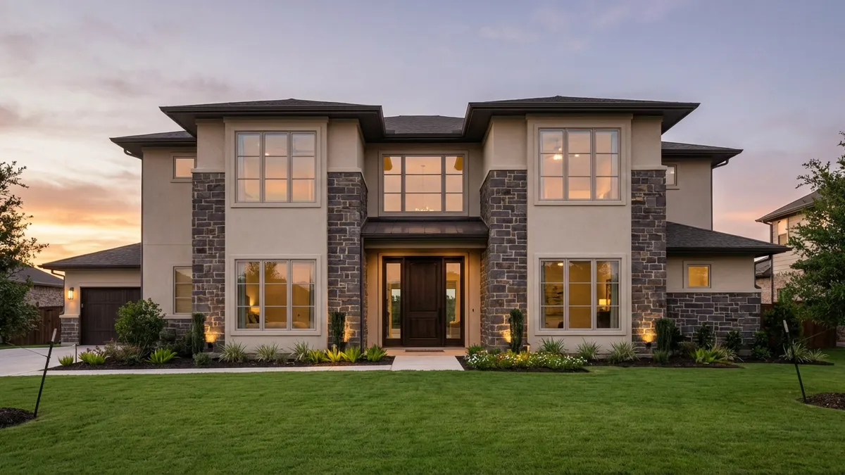 Luxurious modern home facade, soft evening light, symmetrical architecture, expansive windows reflecting a clear sky, manicured lawn with subtle landscaping, dark stone and light stucco materials, wide angle, high resolution, cinematic, professional photography.