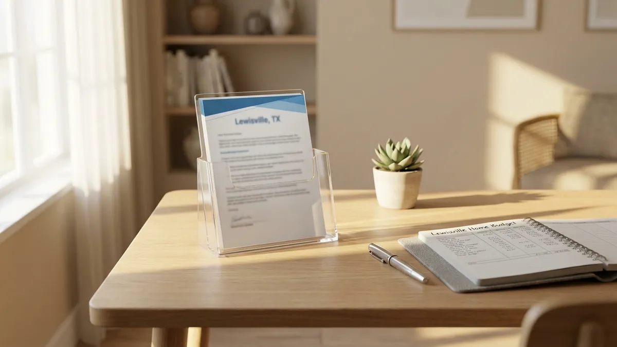 Close-up of a modern, minimalist desk. On the desk, a transparent lucite document holder contains a stylized property tax statement with a blurred Lewisville, TX address at the top. A silver fountain pen rests beside a partially filled financial planner, open to a page with 'Lewisville Home Budget' written at the top. Soft, diffused natural light from a window illuminates the scene, casting subtle shadows. The background is a gently blurred, contemporary home interior with neutral tones. Cinematic lighting, golden hour, 16:9, highly detailed 8k.