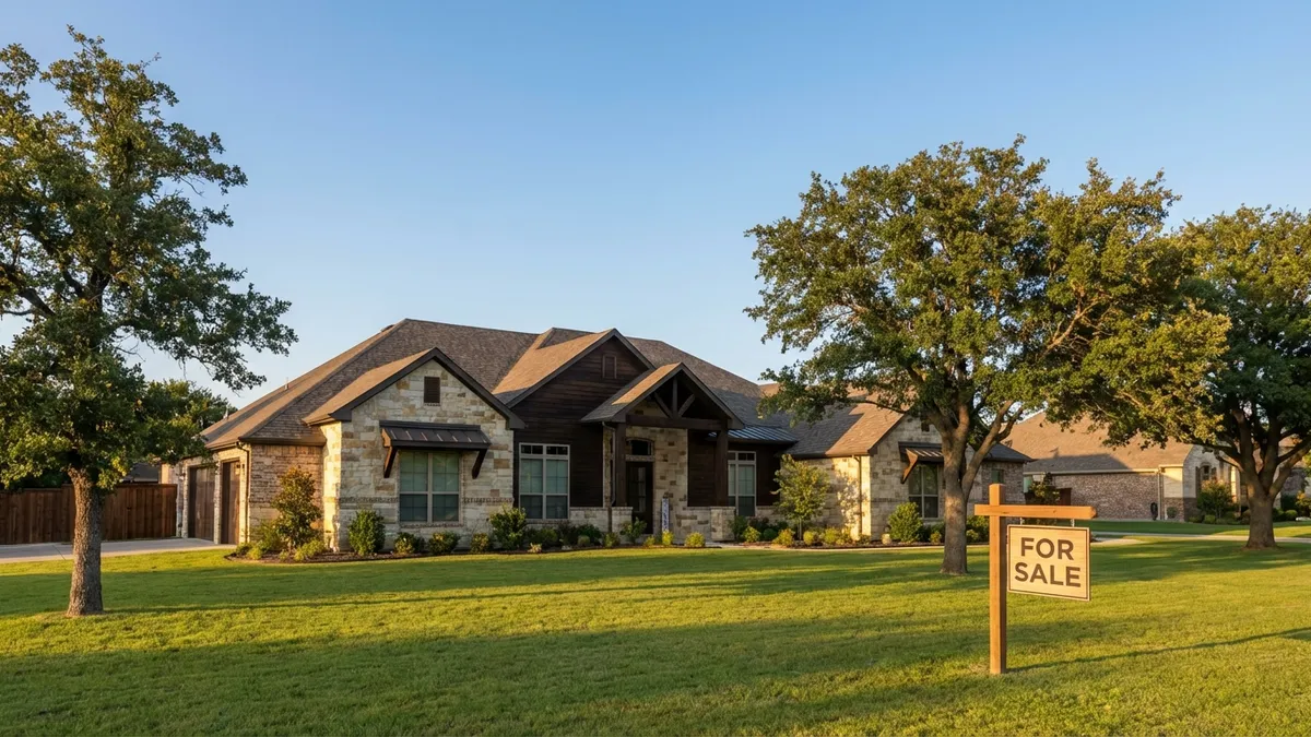 View of a modern, well-maintained single-family home in Lewisville, Texas, with a 'For Sale' sign outside. The lawn is green and manicured, and the sky is clear and blue. Soft, late-afternoon sunlight casts gentle shadows, creating a calm and inviting atmosphere. 16:9 aspect ratio. Highly detailed 8k. Cinematic lighting. Architectural photography style.