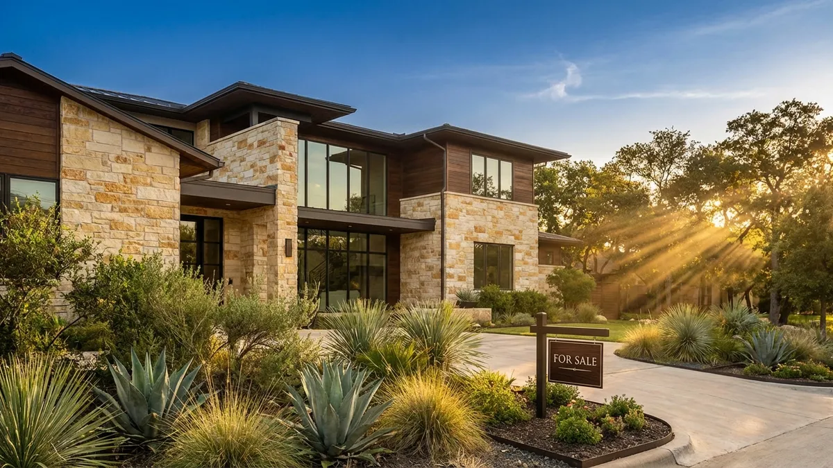 A detailed close-up of a modern, sleek home façade in Lewisville, Texas, featuring a 'For Sale' sign subtly placed in the foreground with golden hour lighting. Focus on architectural textures like stone and wood, manicured landscaping with native Texas plants, and a hint of a clear blue sky. Cinematic lighting, golden hour, 16:9, highly detailed 8k.
