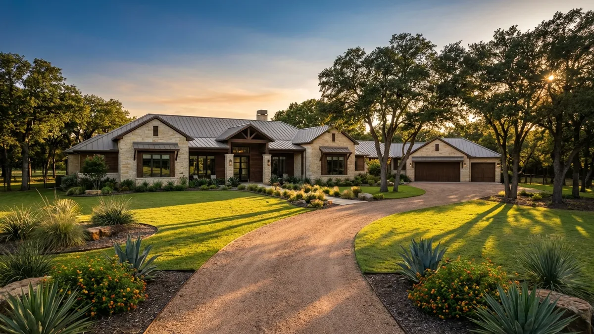 A single-story, expansive luxury home in Lucas, Texas, with a meticulously landscaped front yard, a three-car garage, and a long, curved driveway. Cinematic lighting, late afternoon sun casting long shadows, 16:9 aspect ratio, highly detailed 8k. The exterior is light-colored stone and dark wood accents. The environment is rural-suburban, with mature oak trees in the background.