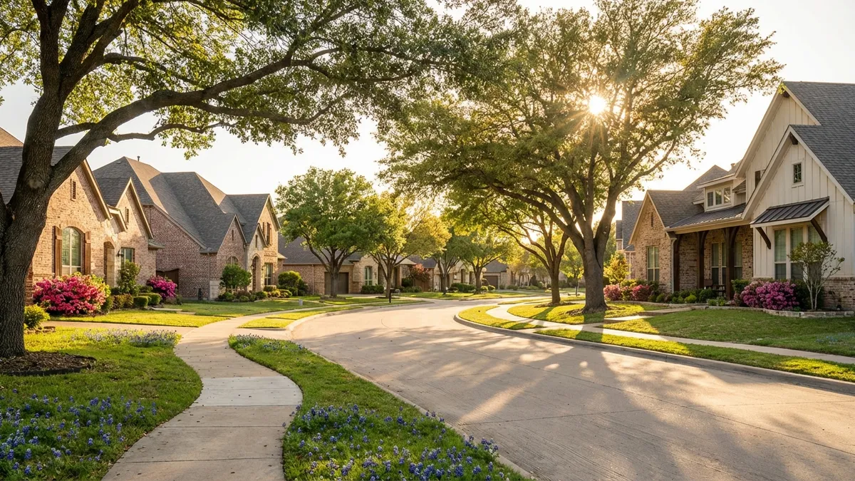 Cinematic lighting, golden hour, 16:9, highly detailed 8k. A modern suburban neighborhood street in McKinney, Texas, late afternoon. Sunlight glowing through mature oak trees, illuminating well-maintained brick homes with manicured lawns and blooming spring flowers. The street is clean and quiet, with a wide sidewalk visible. Focus on the architecture and lush greenery, depicting a peaceful and desirable residential area.