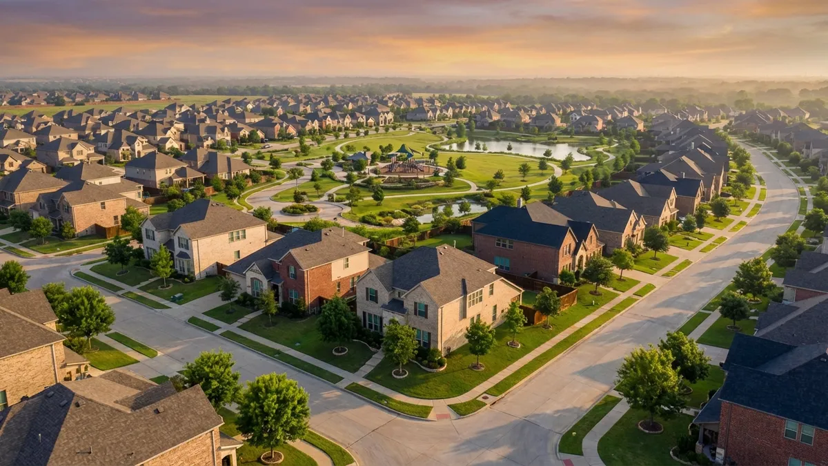 High-angle, wide shot of a master-planned suburban community in Melissa, Texas, during golden hour. Modern brick homes with well-maintained green lawns, mature trees, and community parks visible. Clear, slightly hazy sky. Cinematic lighting, 16:9, highly detailed 8k.