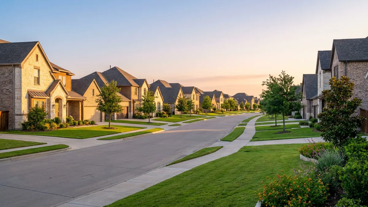 Wide shot, modern suburban street in Melissa, Texas, early morning light, golden hour, 16:9 aspect ratio, highly detailed 8k photography, with contemporary new-build homes, manicured lawns, and a clear Texas sky, soft shadows, a neatly paved street, green trees, the scene conveys calm and growth. No people, no text, no cars.
