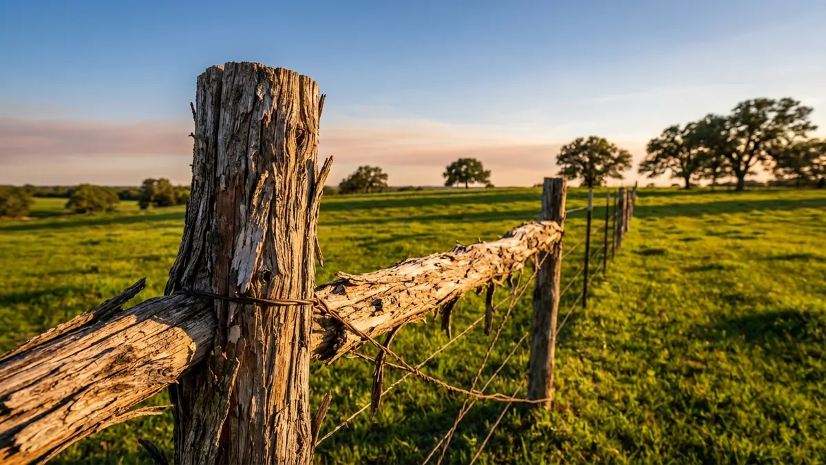 Close-up of a rustic wooden fence post with weathered textures in the foreground, stretching into a vast, sun-drenched Texas ranch landscape under a clear, expansive blue sky. Gentle roll to the land, deep green grass, distant mature oak trees. Cinematic lighting, golden hour, 16:9, highly detailed 8k.