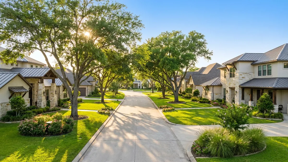 Wide shot, suburban master-planned community in Missouri City, Texas. Tree-lined streets, modern single-family homes with well-maintained lawns. Bright afternoon sunlight, clear blue sky. Empty streets, no people. Lush green landscaping. Cinematic lighting, golden hour, 16:9, highly detailed 8k.