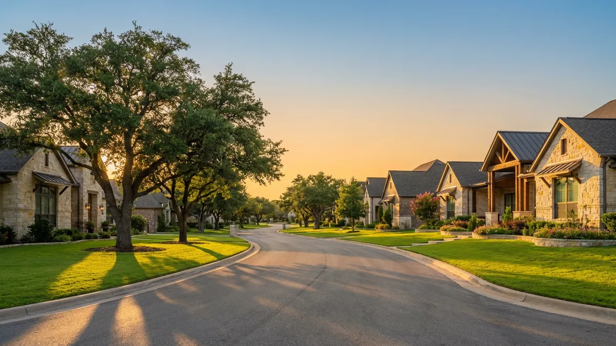 Bright, inviting suburban street in New Hope, TX. Modern single-family homes with neat lawns and mature trees under a clear Texas sky at golden hour. Focus on architectural details, well-maintained landscaping, and a sense of community. Cinematic lighting, 16:9 aspect ratio, highly detailed 8k.