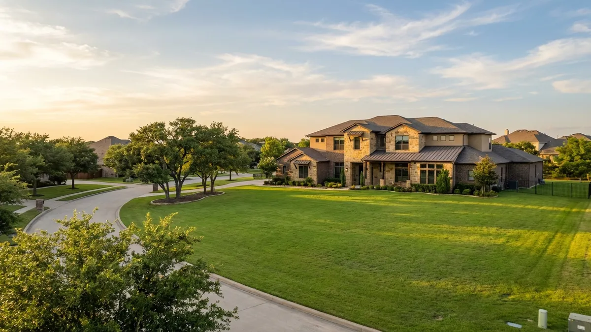 Expansive, verdant green lawn in a suburban Texas neighborhood, late afternoon golden hour lighting. A modern, well-maintained 4-bedroom family house in the background with stone and brick facade. A quiet, tree-lined street curves gently foregrounding the house. Clear blue sky with soft, wispy clouds. Cinematic, 16:9, highly detailed 8k photography.